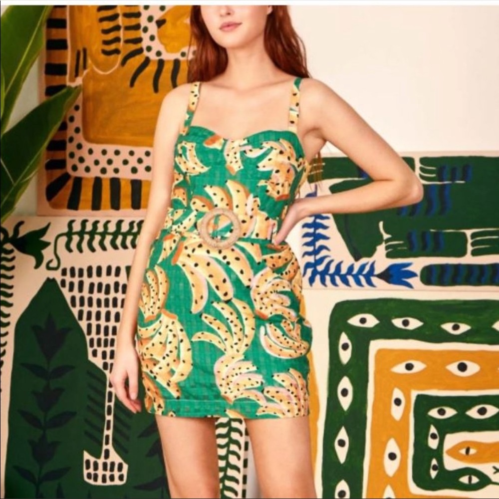 NEW Farm Rio Boho Green Banana Print Raining Bananas Mini Dress Size Medium